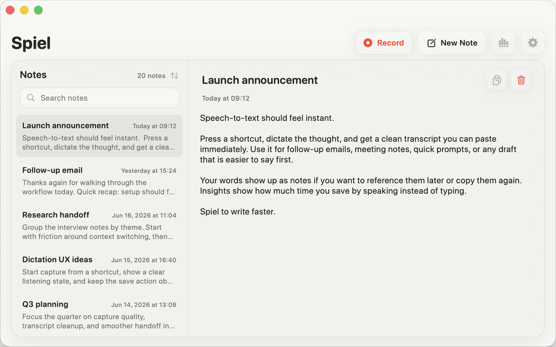 Spiel notes window showing a saved dictated note